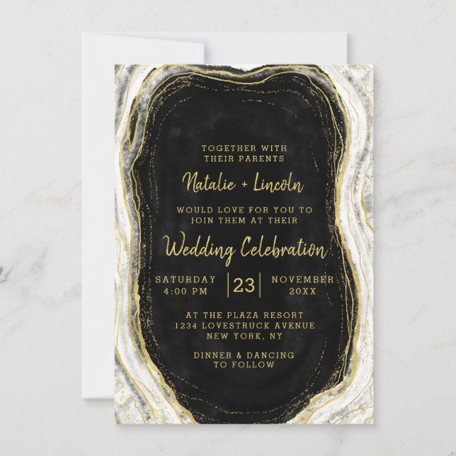 Schwarz-weiß & Gold Geode Agate Marble Wedding Einladung (Vorderseite)