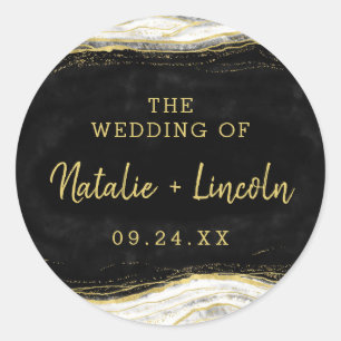Schwarz-weiß & Gold Geode Agate Monogram Wedding Runder Aufkleber
