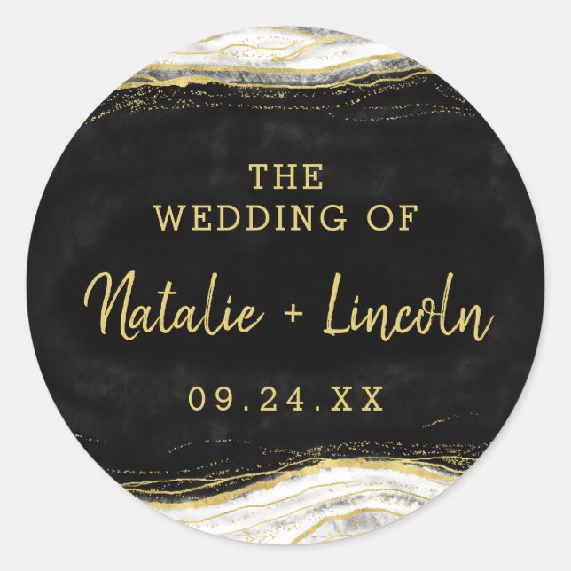 Schwarz-weiß & Gold Geode Agate Monogram Wedding Runder Aufkleber (Vorderseite)