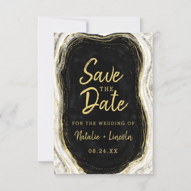 Schwarz-weiß & Gold Geode Agate Slice Marmor Moder Save The Date (Vorderseite)