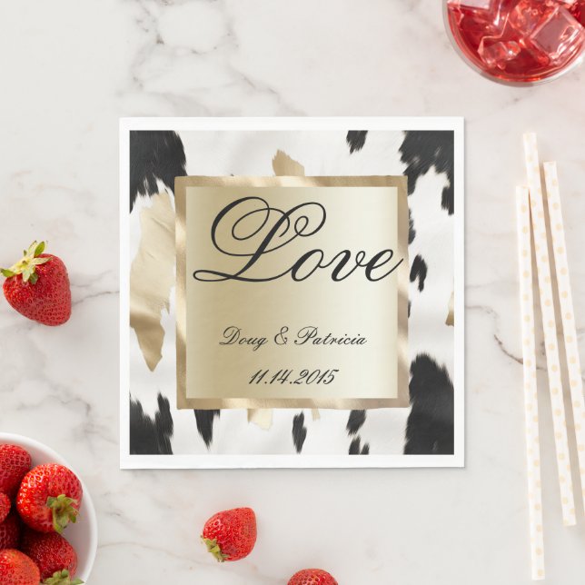Schwarz-weiß Gold Glam Cowhide Südwest Hochzeit Serviette (Beispiel)
