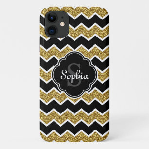 Schwarz-weiß Gold Glitzer Zickzack Muster Case-Mate iPhone Hülle