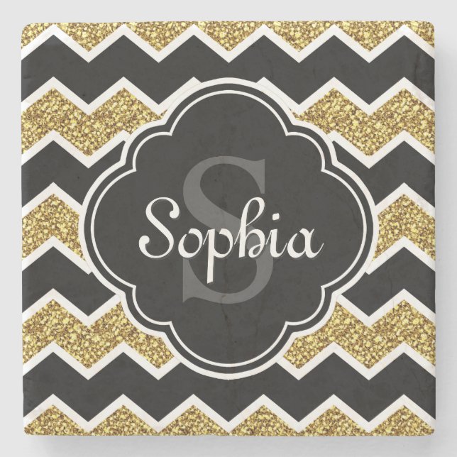 Schwarz-weiß Gold Glitzer Zickzack Muster Steinuntersetzer (Vorderseite)