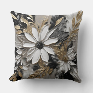 Schwarz Weiß Gold Grau Blumenprint Kissen