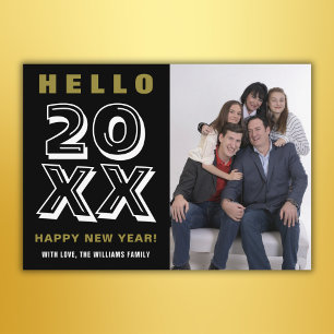 Schwarz-weiß Gold Hello Happy New Year Family Foto Feiertagskarte