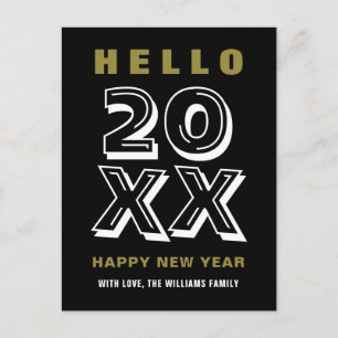Schwarz-weiß Gold Hello Happy New Year Typografie Postkarte