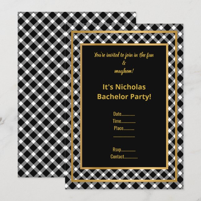 SCHWARZ-WEISS GOLD KARO BACHELOR PARTEI EINLADEN EINLADUNG (Vorne/Hinten)