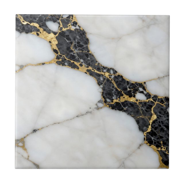 Schwarz Weiß Gold Marmor Luxus Fliese (Vorderseite)