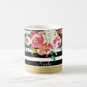 Schwarz Weiß Gold Modern Floral Glam Chic Benutzer Tasse