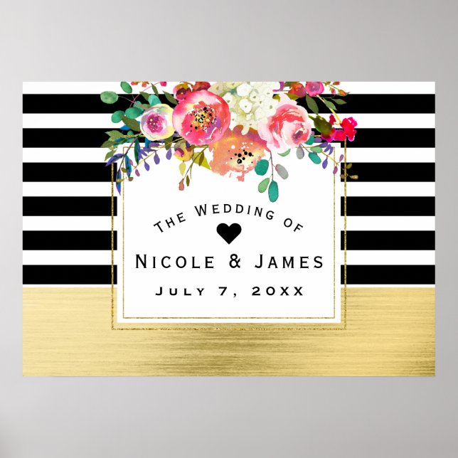 Schwarz Weiß Gold Moderne Florale Glam Hochzeitsba Poster (Vorne)