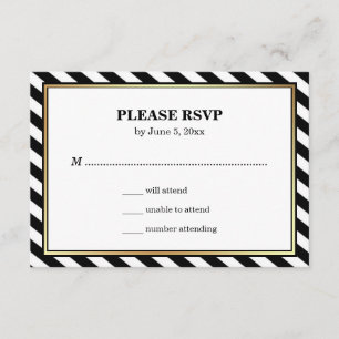 Schwarz-weiß Gold Moderne Glam Streifen Hochzeitss RSVP Karte