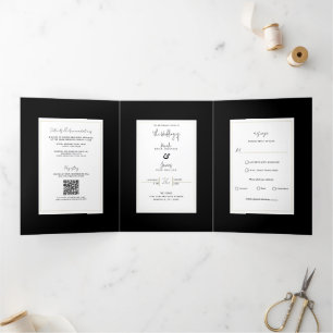 Schwarz Weiß Gold Moderne Minimale Elegante Hochze Dreifach Gefaltete Einladung