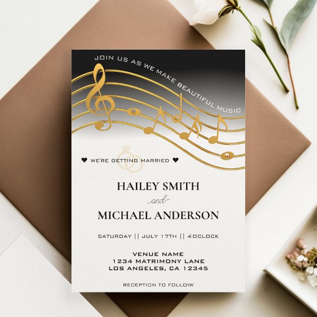 Schwarz-weiß & Gold Ombre Music Staff Wedding Einladung (Black White & Gold Ombre Music Staff Wedding Invitation)