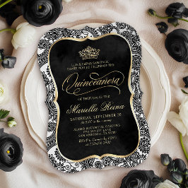 Schwarz-weiß Gold Quinceañera Einladung