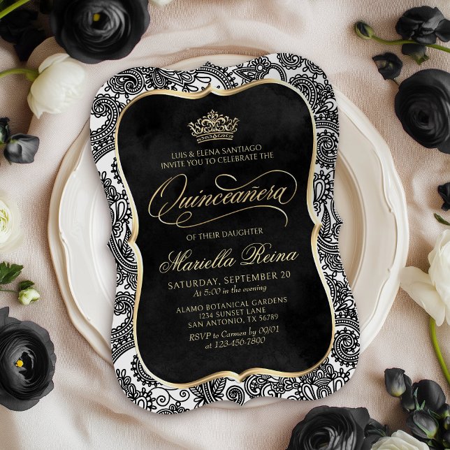 Schwarz-weiß Gold Quinceañera Einladung (Von Creator hochgeladen)