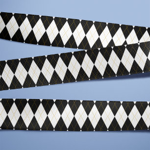 Schwarz   Weiß   Gold-Raute-Muster Satinband