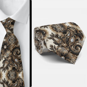 Schwarz Weiß Gold Spitze Paisley Diamant Krawatte