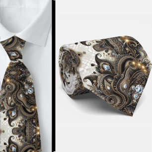 Schwarz Weiß Gold Spitze Paisley Diamant Krawatte