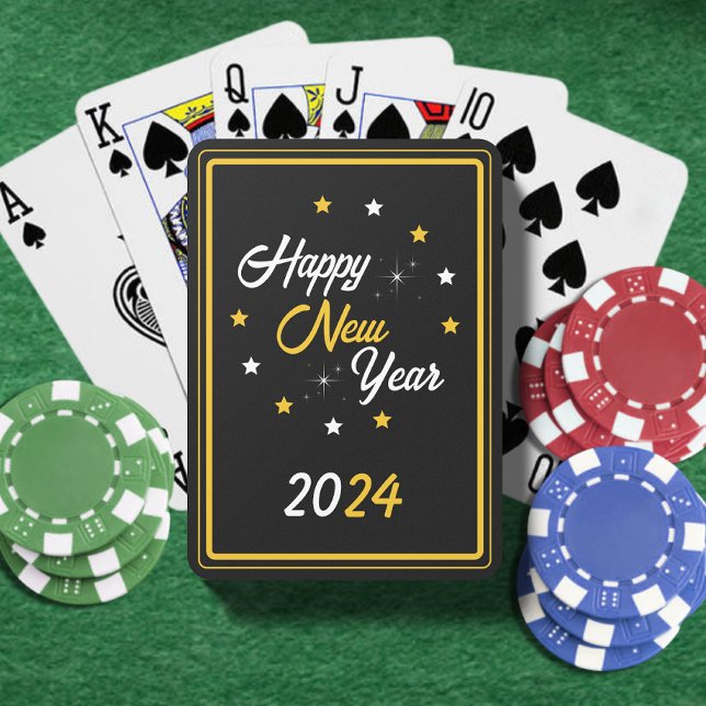 Schwarz-weiß & Gold Star Frohes Neues Jahr 2024 Spielkarten (Black White & Gold Star Happy New Year 2024 Playing Cards)
