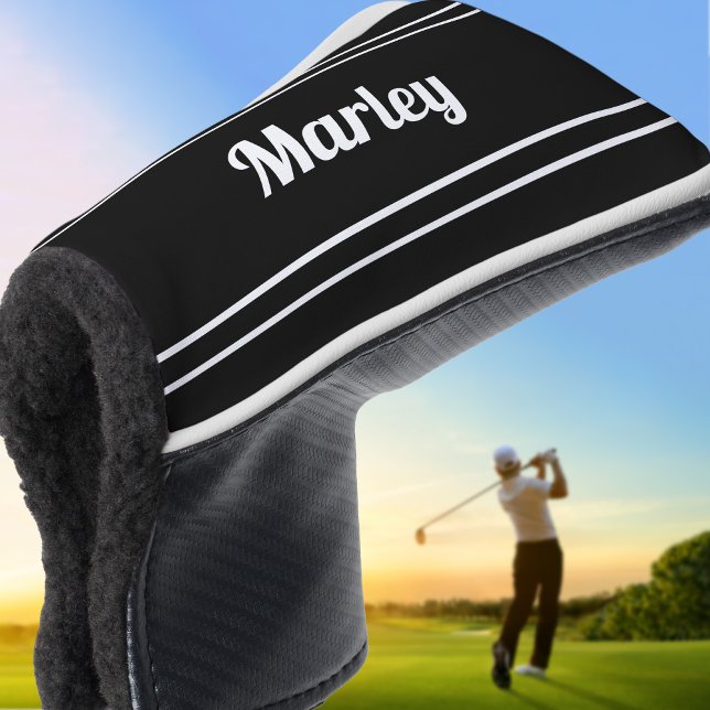 Schwarz-Weiß-Golfer-Sportmonogramm Schwarz Golf Headcover (Black & White Custom Golfer Sports Monogram Black Golf Head Cover)