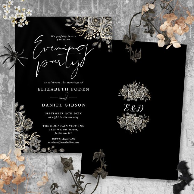 Schwarz-Weiß-Goth-Blumen Hochzeitsfeier Abend Part Einladung (Black And White Goth Floral Wedding Evening Party Invitation)
