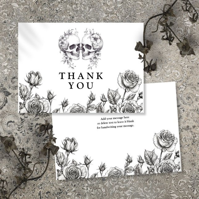 Schwarz-Weiß-Gothic-Bläschen Hochzeit Dankeskarte (Black And White Gothic Floral Skulls Wedding Thank You Card)