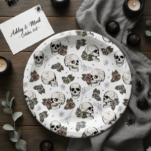 Schwarz-Weiß-Gothic-Skulls und Rose Halloween Pappteller