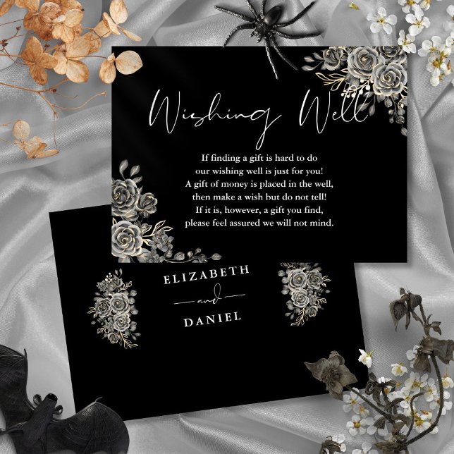 Schwarz-Weiß-Gotik-Flora wünscht gute Hochzeit Begleitkarte (Black And White Gothic Floral Wishing Well Wedding Enclosure Card)