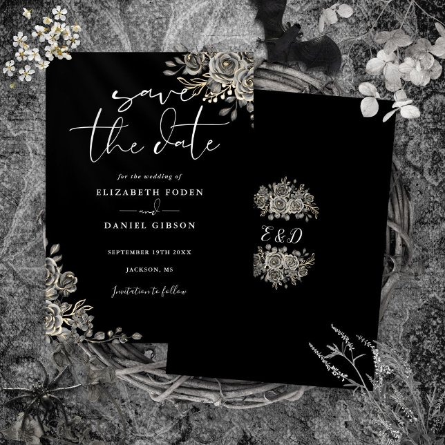 Schwarz-Weiß-Gotik-Monogramm-Hochzeit Save The Date (Black And White Gothic Floral Monogram Wedding Save The Date)