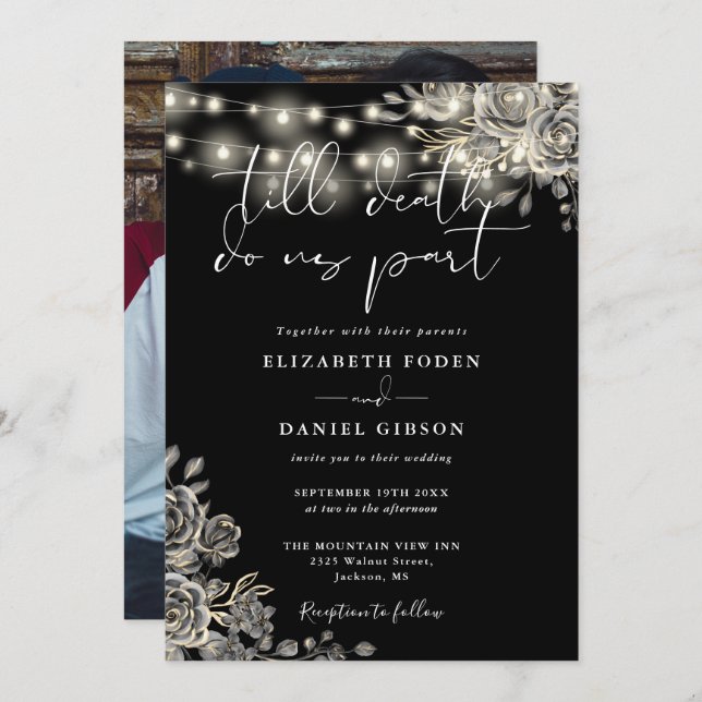 Schwarz-Weiß-Gotik-Rose Lights Foto Hochzeit Einladung (Vorne/Hinten)