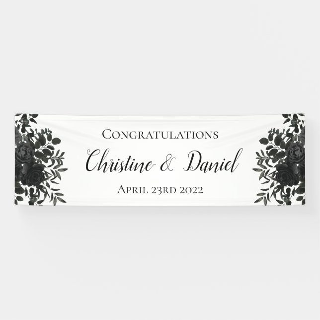 Schwarz-Weiß-Gotische Rose Elegantes Hochzeitsbann Banner (Horizontal)