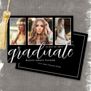 Schwarz-Weiß-Graduate-Skript mit 3-Foto-Abschluss Ankündigung