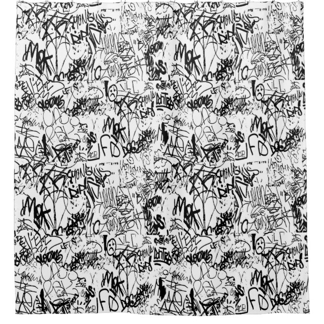 Schwarz-Weiß-Graffiti-Abstrakt-Collage Duschvorhang (Vorderseite)