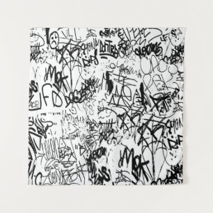 Schwarz-Weiß-Graffiti-Abstrakt-Collage Wandteppich