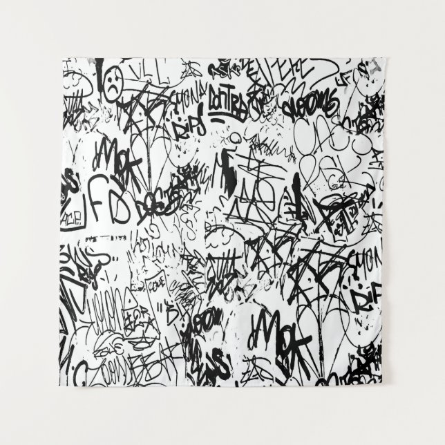 Schwarz-Weiß-Graffiti-Abstrakt-Collage Wandteppich (Vorderseite)