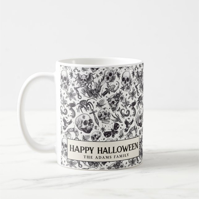 Schwarz-Weiß-Graffiti-Stilskulpturen Halloween Kaffeetasse (Links)