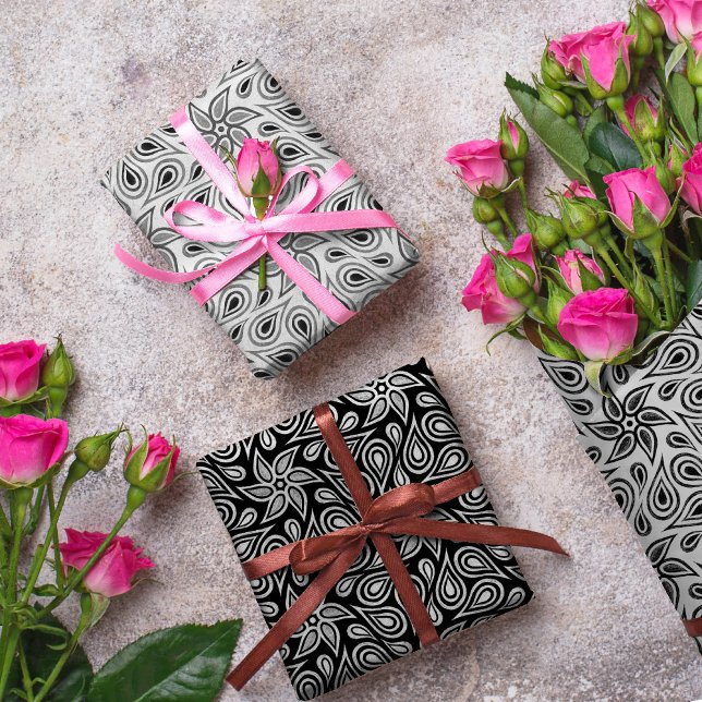 Schwarz-weiß & grau Abstrakte Blume Paisley Patter Geschenkpapier Set (Von Creator hochgeladen)
