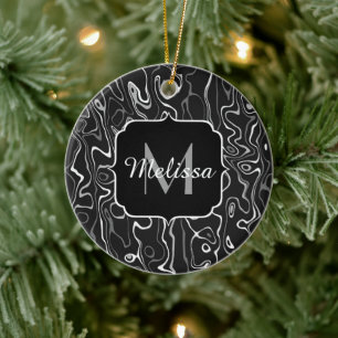 Schwarz weiß grau Damast abstrakt Wirbel Monogramm Keramik Ornament