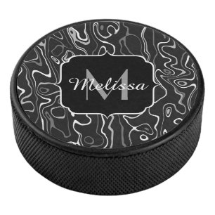 Schwarz weiß grau Damast abstrakte Wirbel Monogram Eishockey Puck