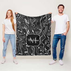 Schwarz weiß grau Damast abstrakte Wirbel Monogram Fleecedecke