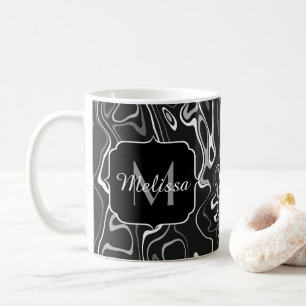 Schwarz weiß grau Damast abstrakte Wirbel Monogram Kaffeetasse