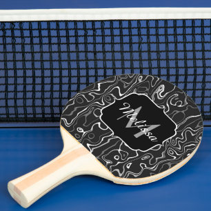 Schwarz weiß grau Damast abstrakte Wirbel Monogram Tischtennis Schläger