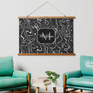 Schwarz weiß grau Damast abstrakte Wirbel Monogram Wandteppich Mit Holzrahmen