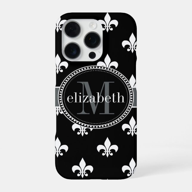 Schwarz Weiß Grau Fleur de Lis Monogramm iPhone Hülle (Rückseite)