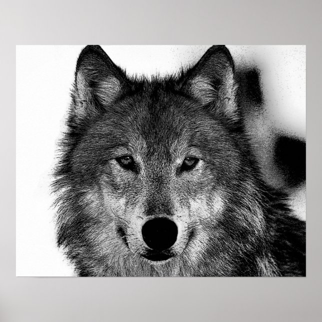 Schwarz-Weiß-Grau-Wolf-Kunstwerk Poster (Vorne)