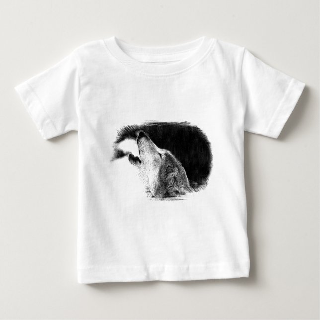 Schwarz-Weiß-Grau-Wolf-Sketch Baby T-shirt (Vorderseite)