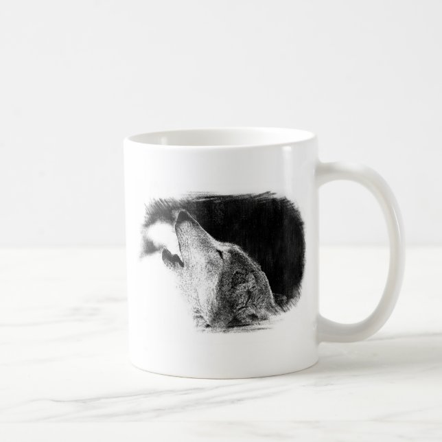 Schwarz-Weiß-Grau-Wolf-Sketch Kaffeetasse (Rechts)