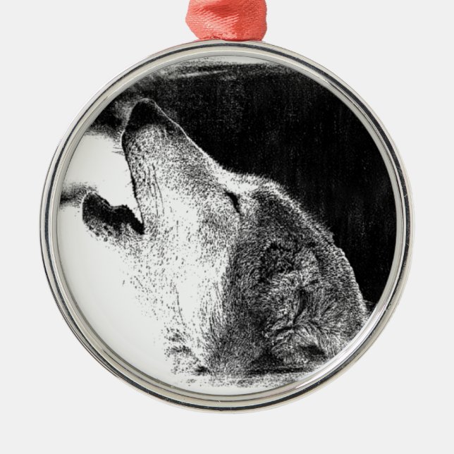 Schwarz-Weiß-Grau-Wolf-Sketch Ornament Aus Metall (Vorne)
