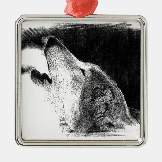 Schwarz-Weiß-Grau-Wolf-Sketch Silbernes Ornament (Vorne)