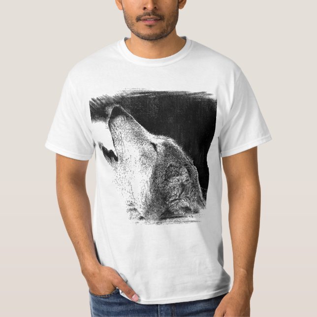 Schwarz-Weiß-Grau-Wolf-Sketch T-Shirt (Vorderseite)
